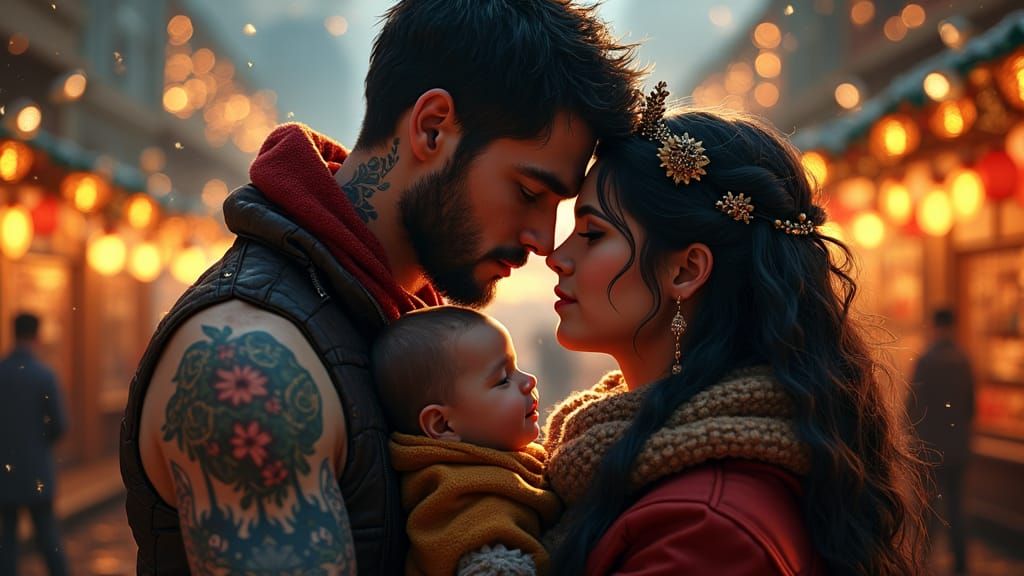 Tattooed Couple and Baby at Christmas Market