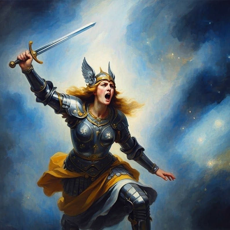 Armored Valkyrie Soaring in Baroque Watercolor Cosmos