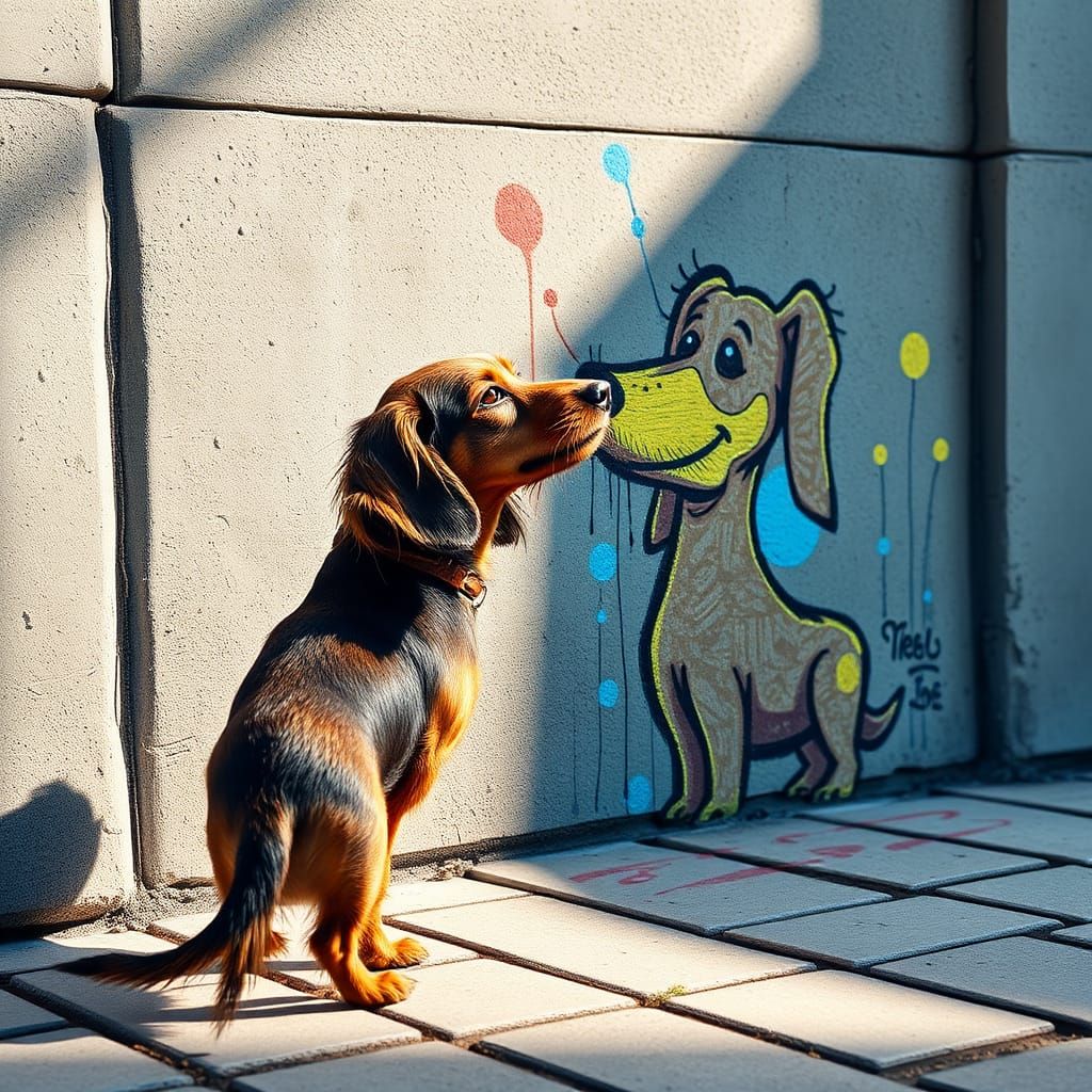 Dachshund Sniffs Colorful Chalk Graffiti Art