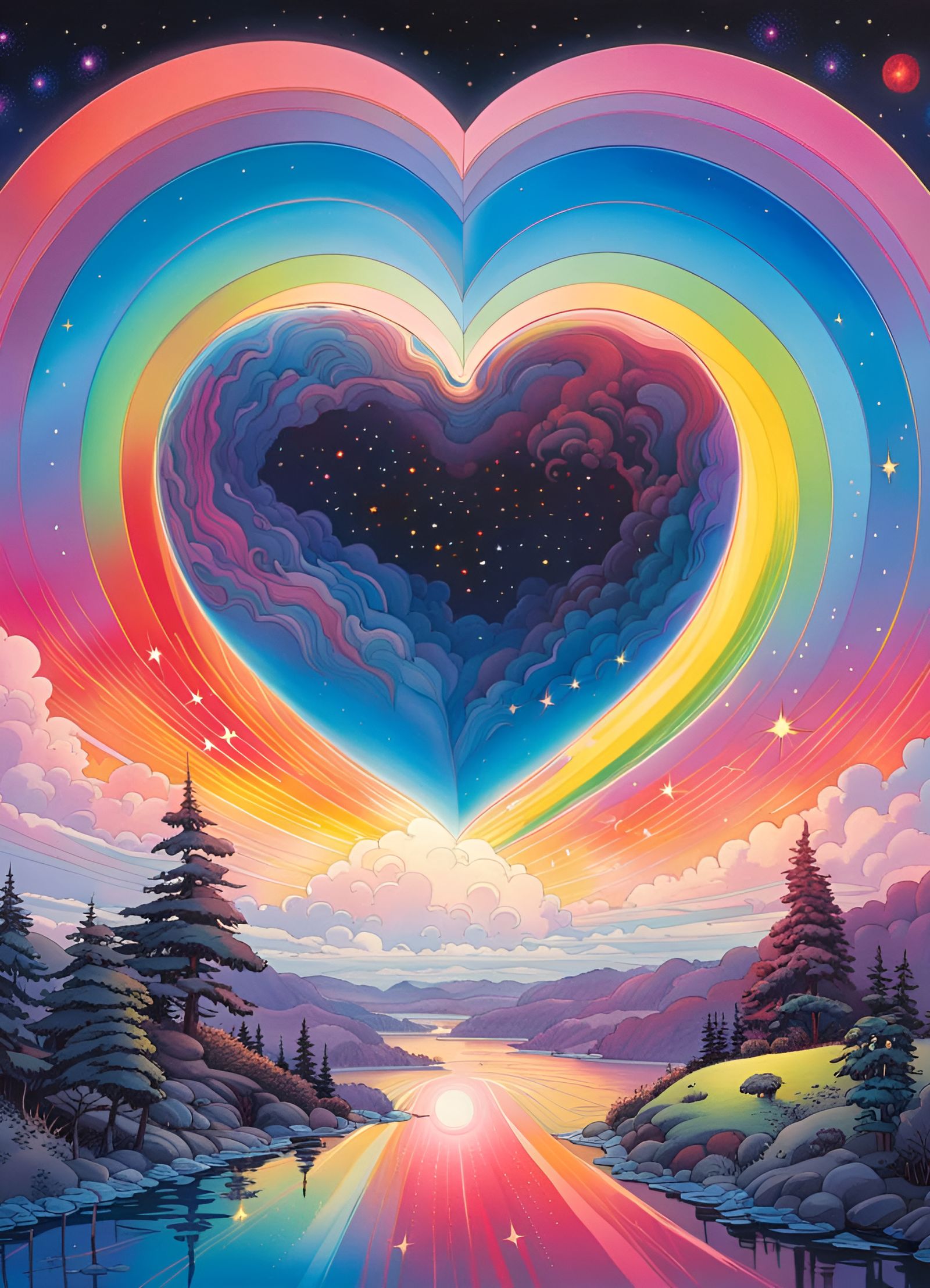 Heart Rainbow Ink Drawing in Sci-Fi Style