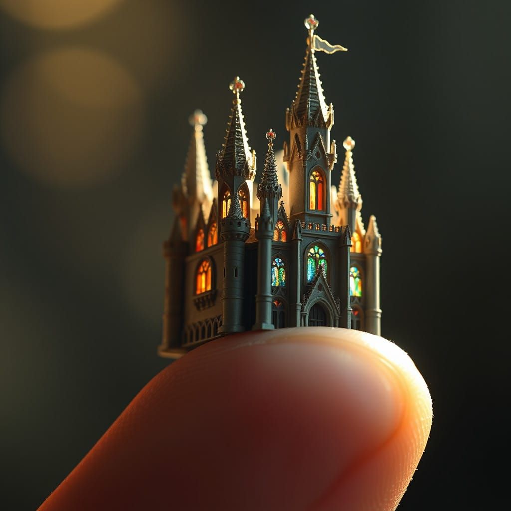 Enchanted Fairy Castle on a Human Fingertip in Cinematic Sty...