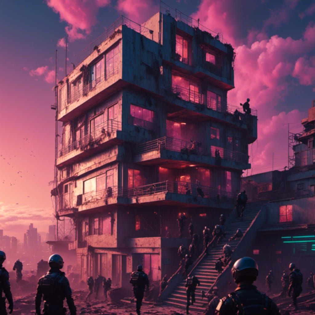 Couple Leaps from Building in Cyberpunk Style