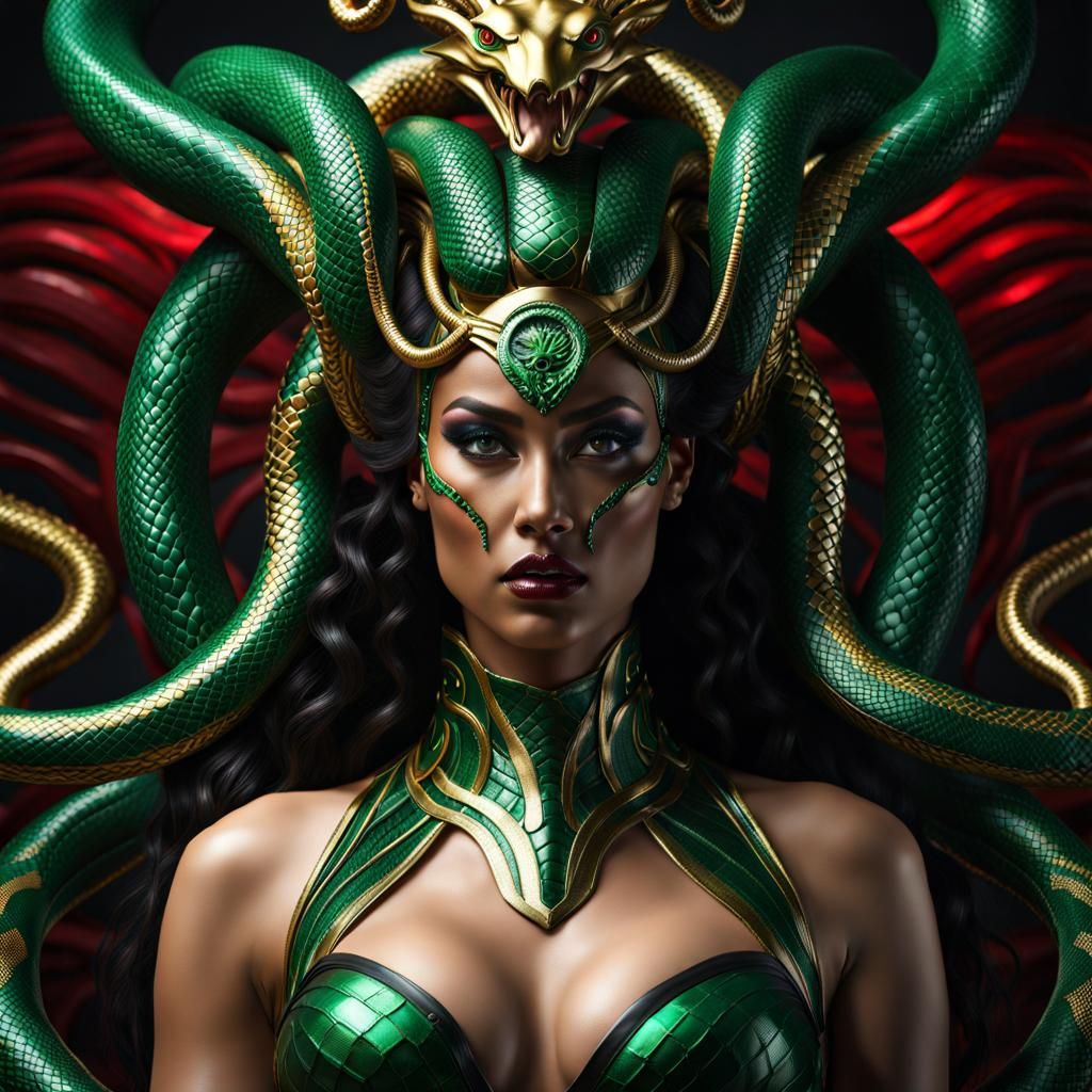Hyperrealistic Emerald Gold Medusa in Crimson Corset