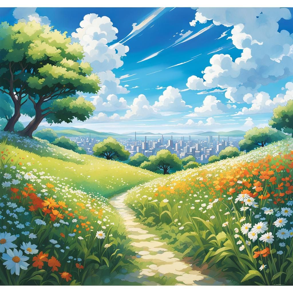 Peaceful Cityscape with Blue Sky in Anime Style