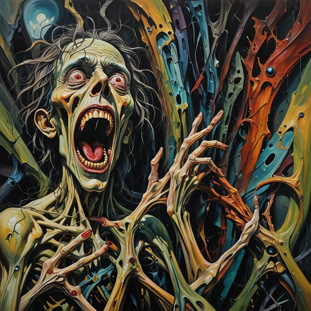 Grotesque Figure Lurking in Shadows: Surreal Oil Painting