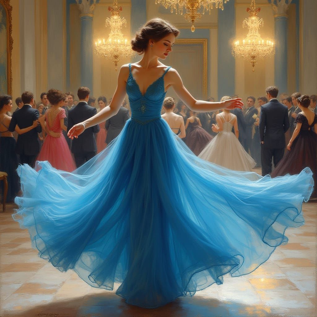 Dancing Woman in Blue Dress, Art Nouveau Style