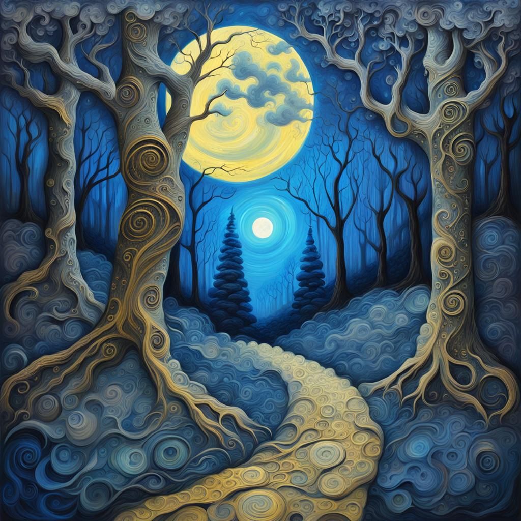 Moonlit Path Through Arabesque Forest as Impasto Painting
