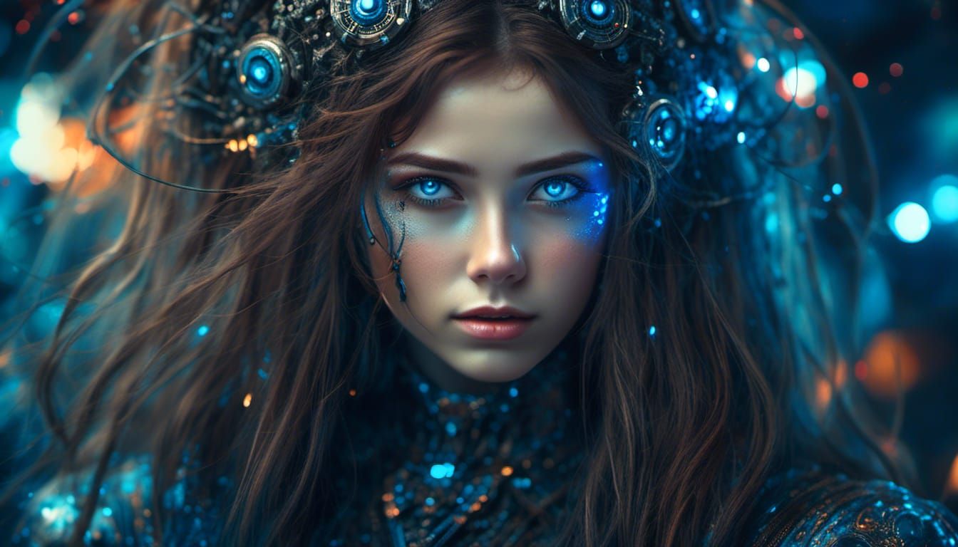 Mysterious Cyberpunk Girl in Cosmic Landscape