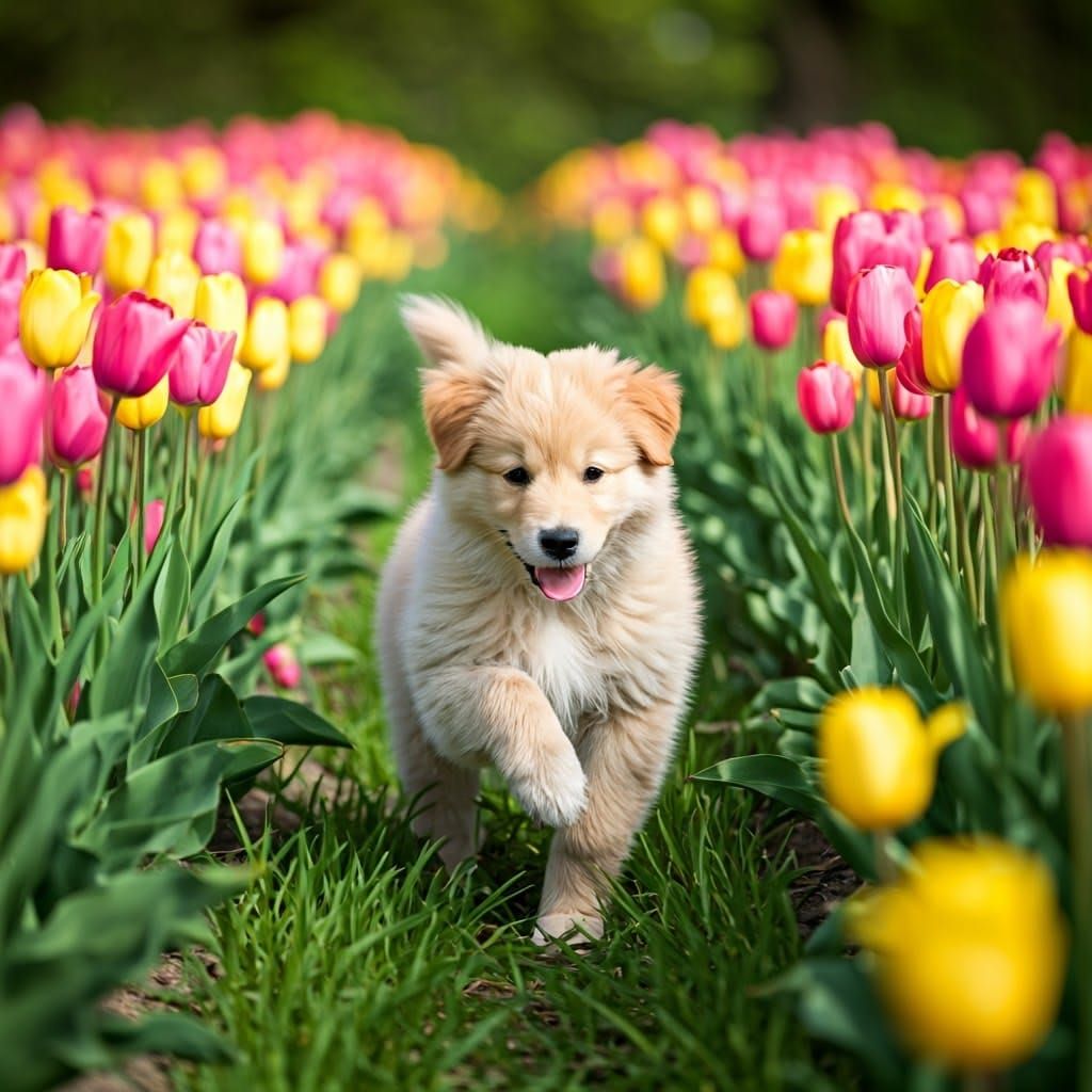 Playful Puppy in Vibrant Tulip Field