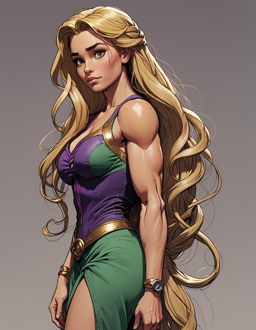 Bodybuilder Rapunzel Posing in Comics Art Style