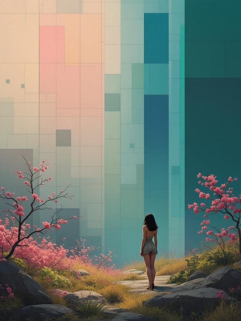 Atmospheric Digital Art with Geometric and Floral Elements