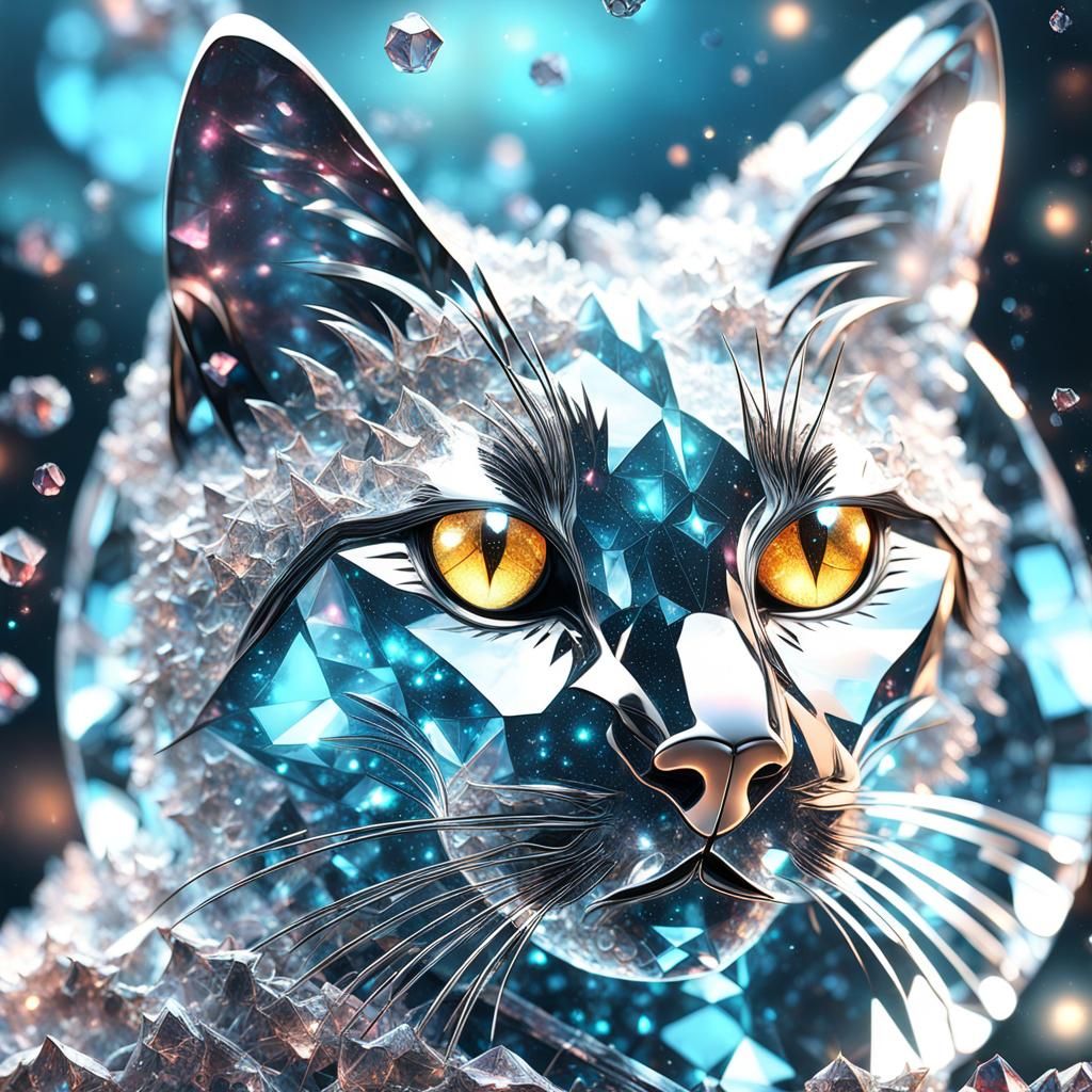 Crystal Cat in a Galaxy, Hyperrealistic CGI Art