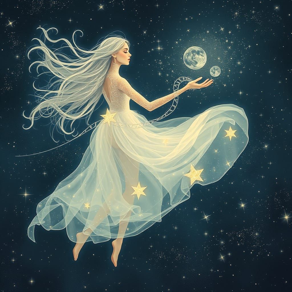 Ethereal Woman Drifting Through Starry Cosmos