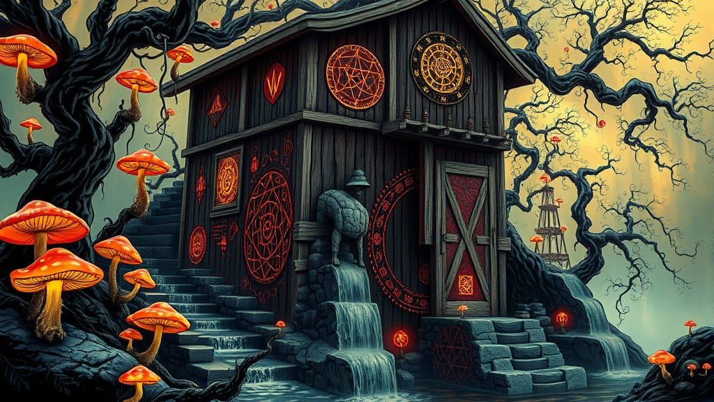 Mystical Water Mill in Hades with Fractal Patterns and Psych...