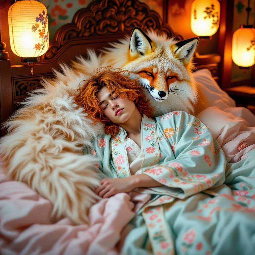 Boy Sleeping with Fox Pet in Dreamy Chinese Setting
