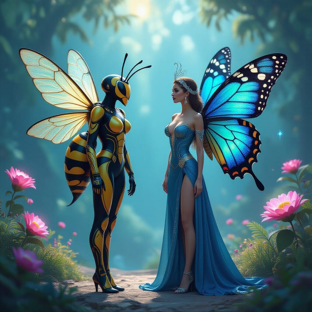 Wasp and Butterfly Ladies in Magical Fantasy Landscape