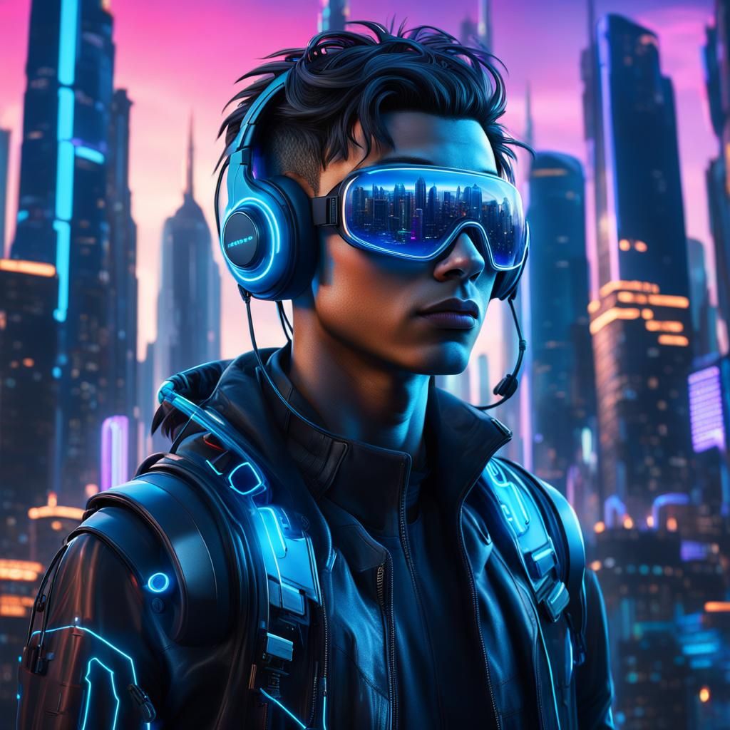 Cyberpunk Boy in Sprawling Futuristic Cityscape