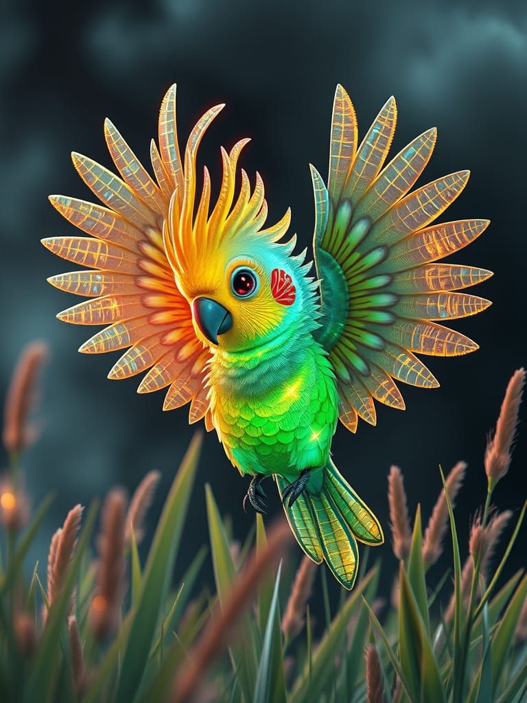 Chibi Parakeet with Fractured Glass Feathers in Surreal Land...