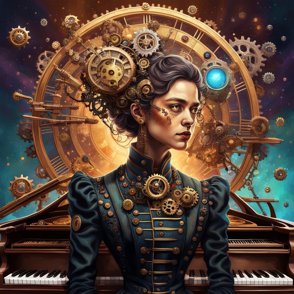 Steampunk Pianist Among the Stars: Hyperrealistic Digital Ar...