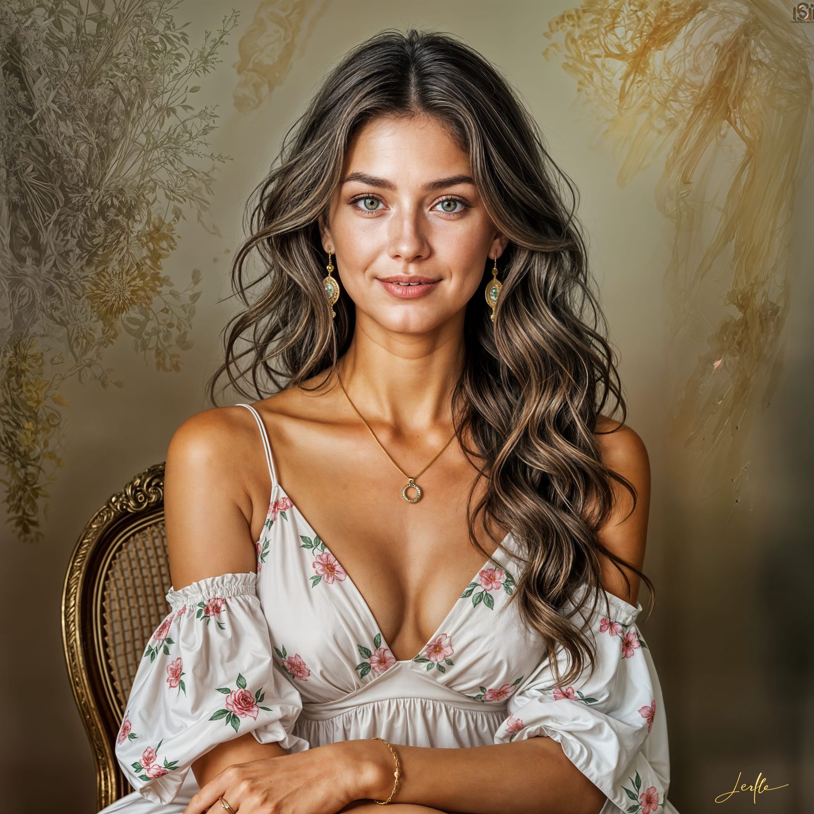 Woman in Floral Dress Poses by Canvas