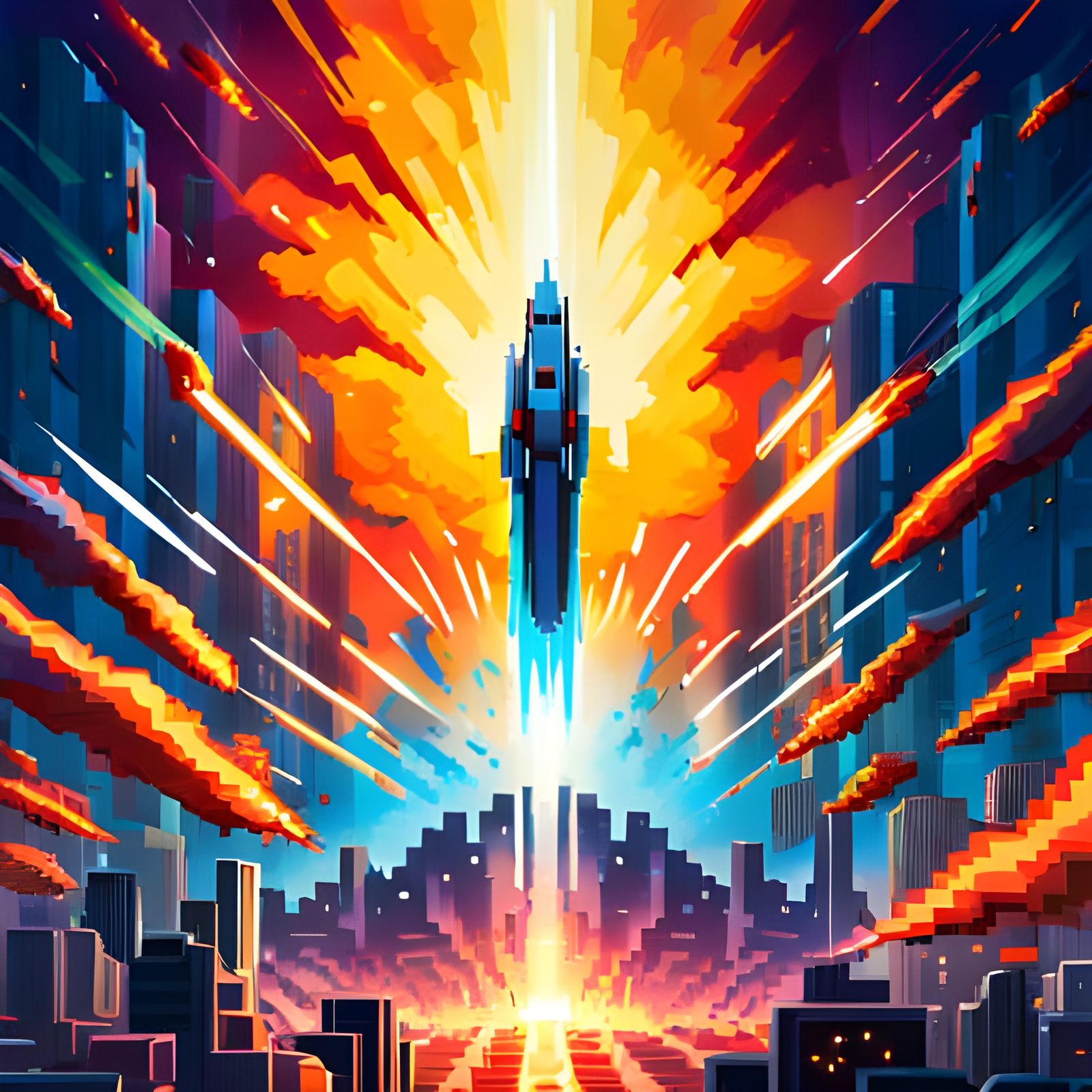 Galaga Pixel Art Poster with Explosions