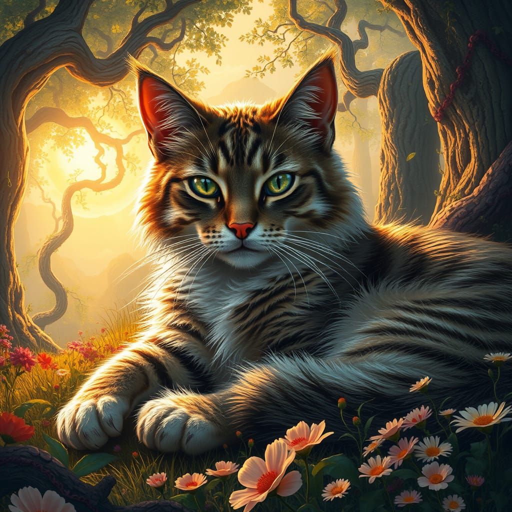 Majestic Cat Basks in Sunlit Wilderness