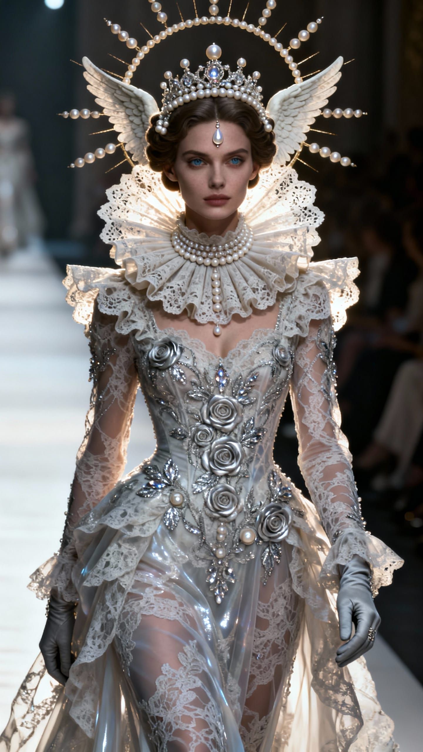 Regal Woman in Shimmering Lace Gown