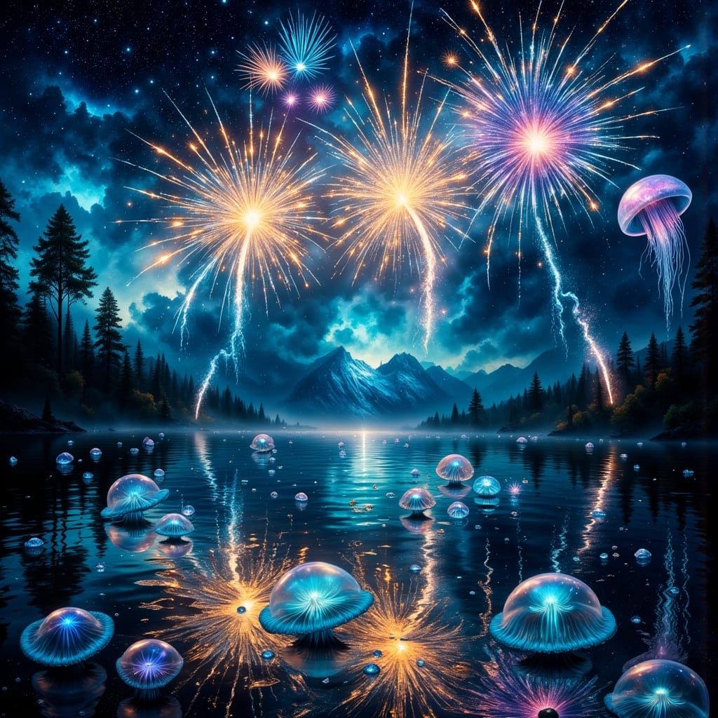 Vivid Bioluminescent Jellyfish and Fireworks Over Water