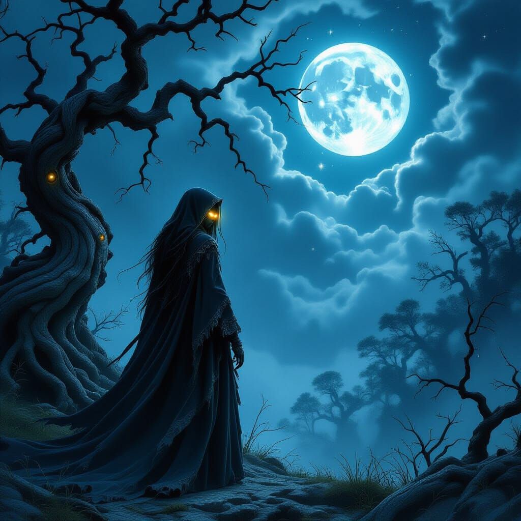 Witch in Ancient Forest Under Galactic Sky