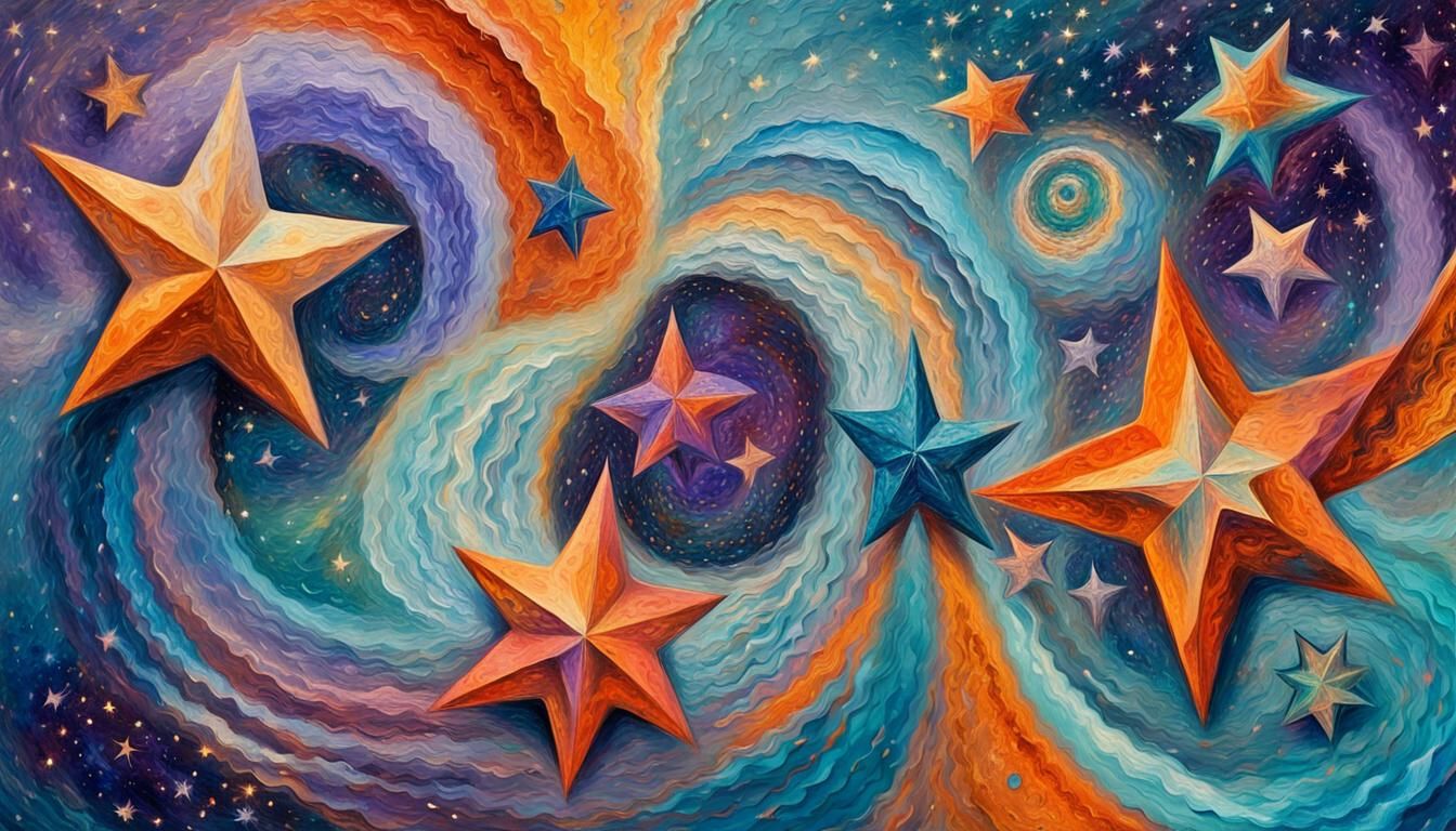 Cosmic Stars and Helical Shapes, Impasto Oil Painting