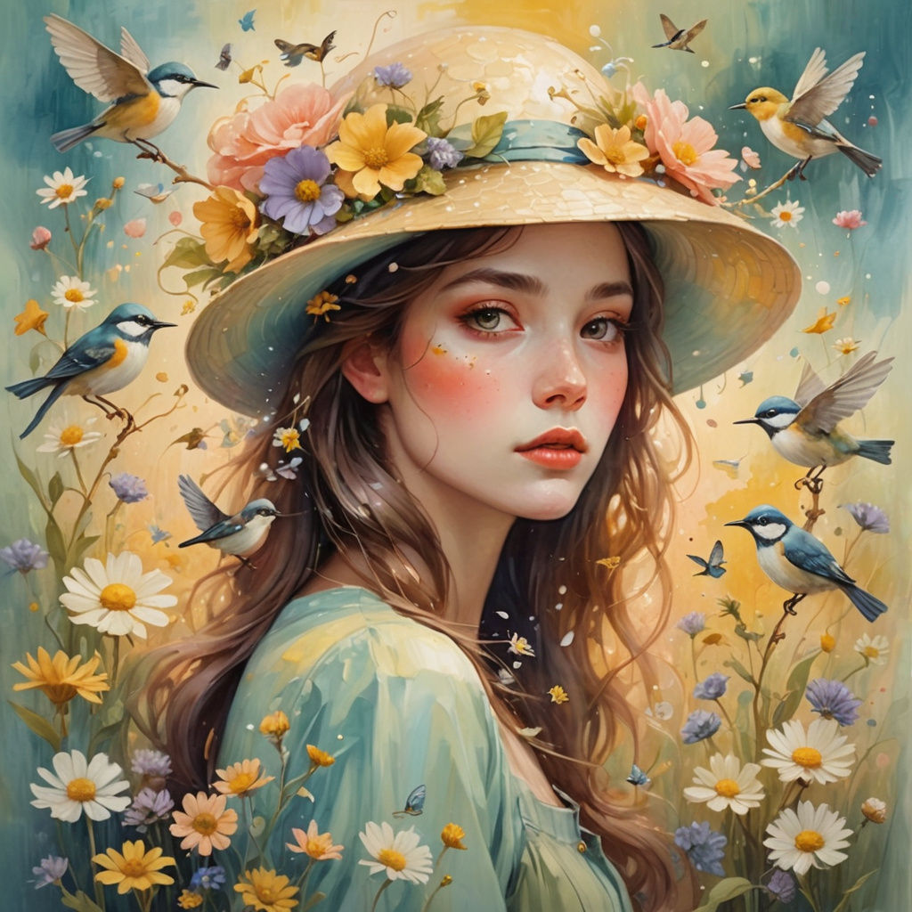 Whimsical Girl with Floral Hat in Impressionistic Style