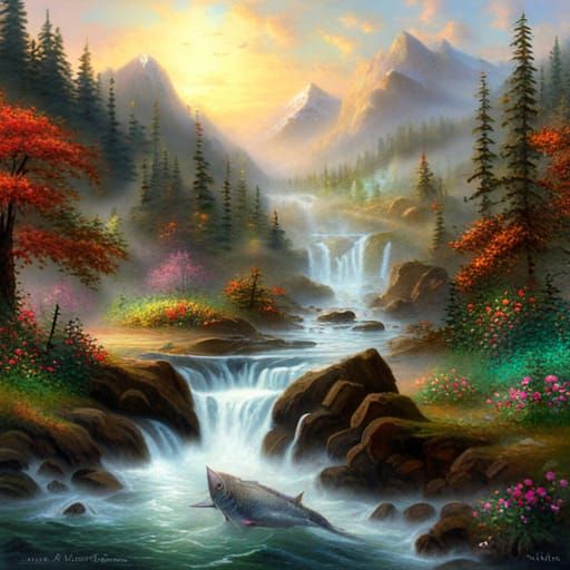 Catfish Cycling in Mountain Stream: Ethereal Fantasy Art