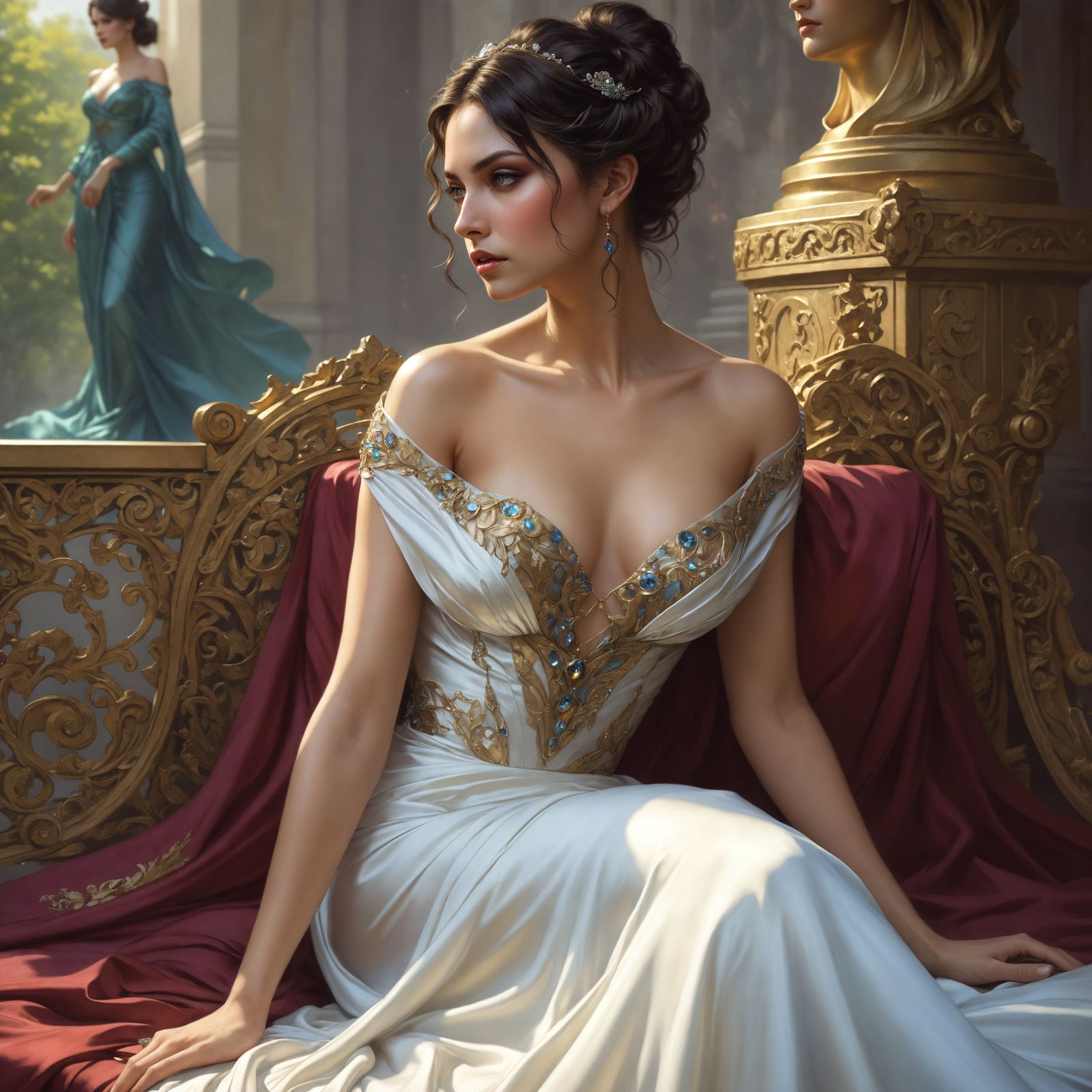 Fantasy Woman in Silk Gown: Art Nouveau Portrait