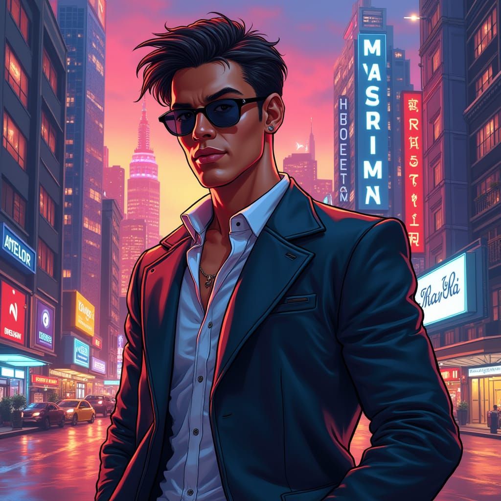 Urban Futurist in Neon Cityscape