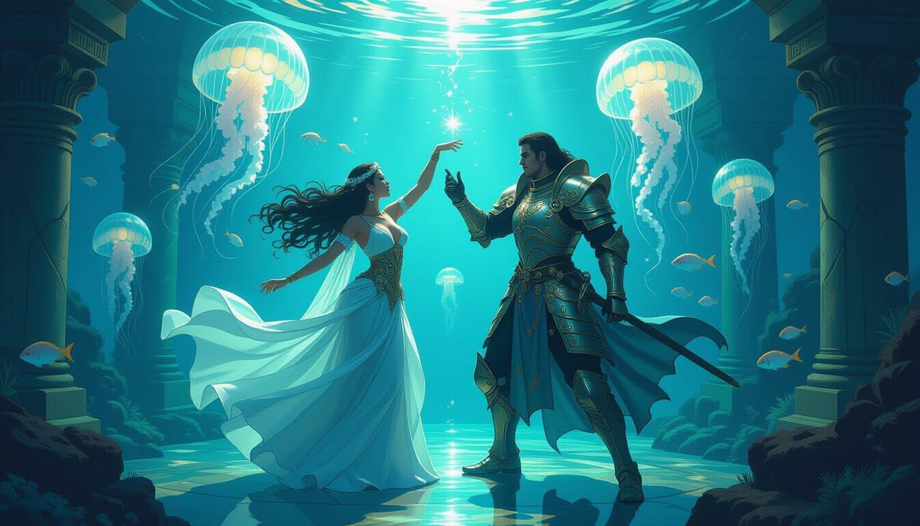 Underwater Dance with Knight, Hyperdetailed Matte Painting
