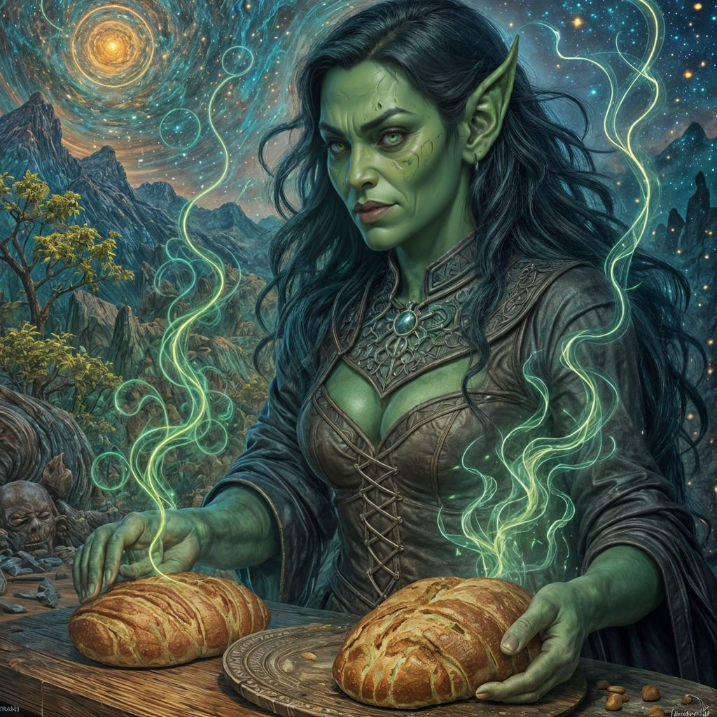 Orc Necromancer Baking Bread: High Fantasy Illustration