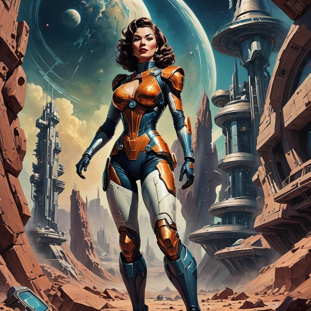 Sci-Fi Pinup in Solarpunk Space Opera Style