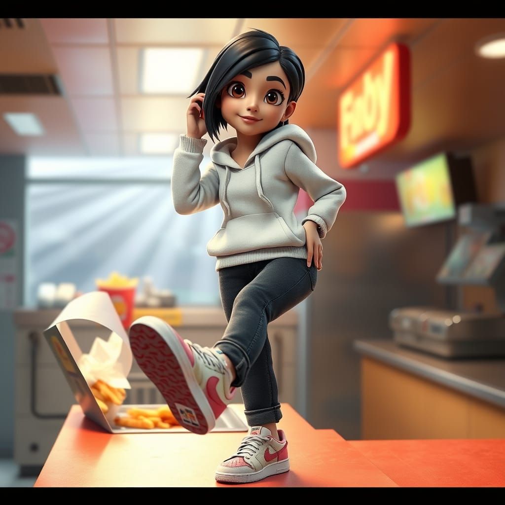 Young Latina on Fast Food Counter in Pixar Style