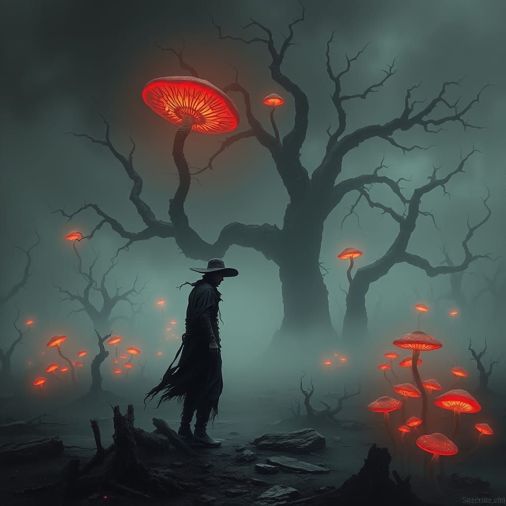 Mysterious Stranger in Dark Fantasy Wasteland