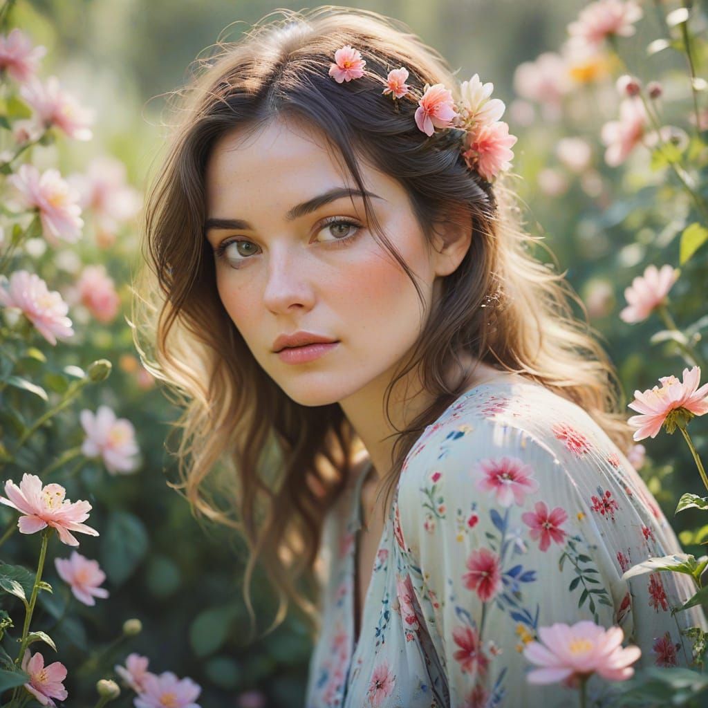 Watercolor Woman in Flower Garden: Impressionist Soft Focus