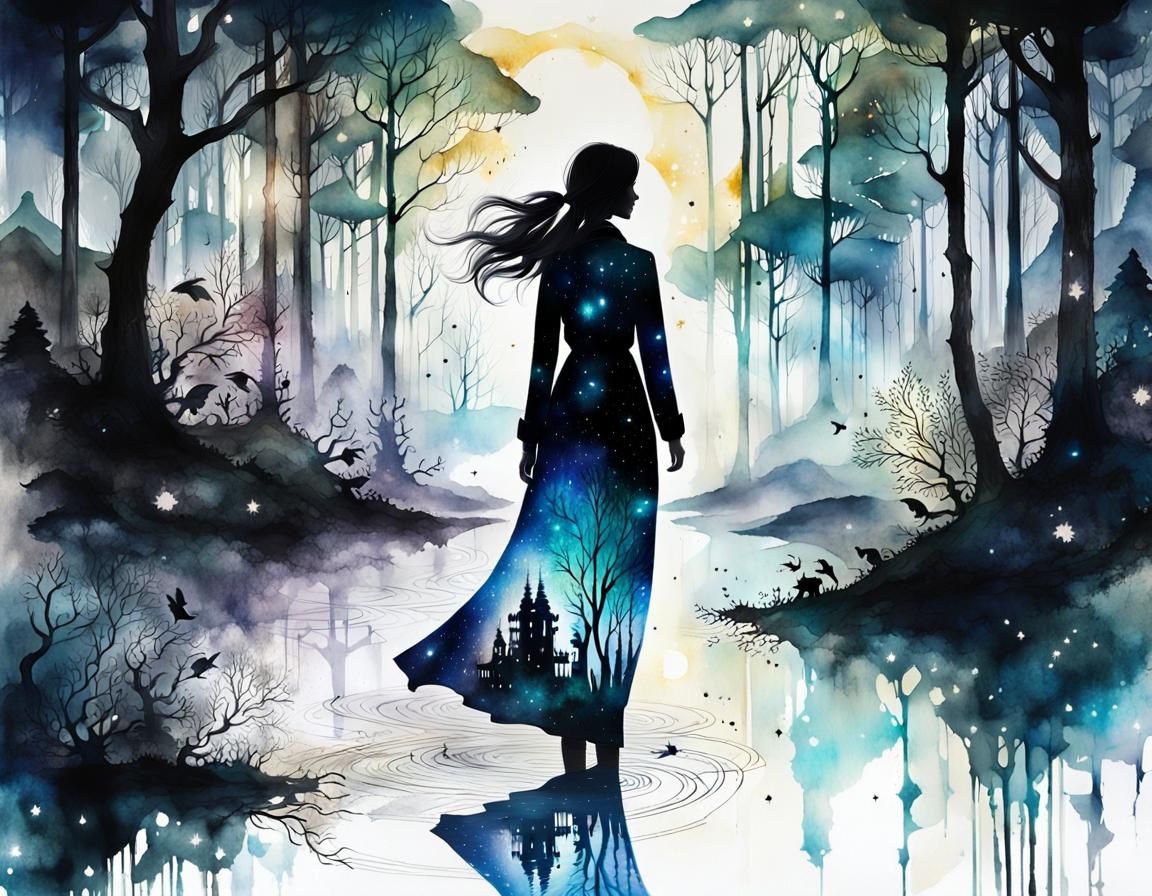 Woman Walks to Palace in Bioluminescent Forest