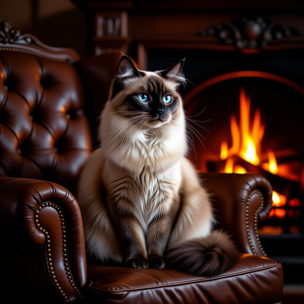 Siamese Cat by Fireplace in Matte Painting Style