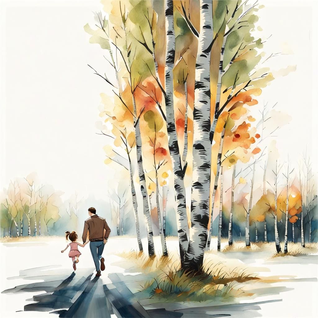 Father and Daughter in Birch Forest, Watercolor Impasto