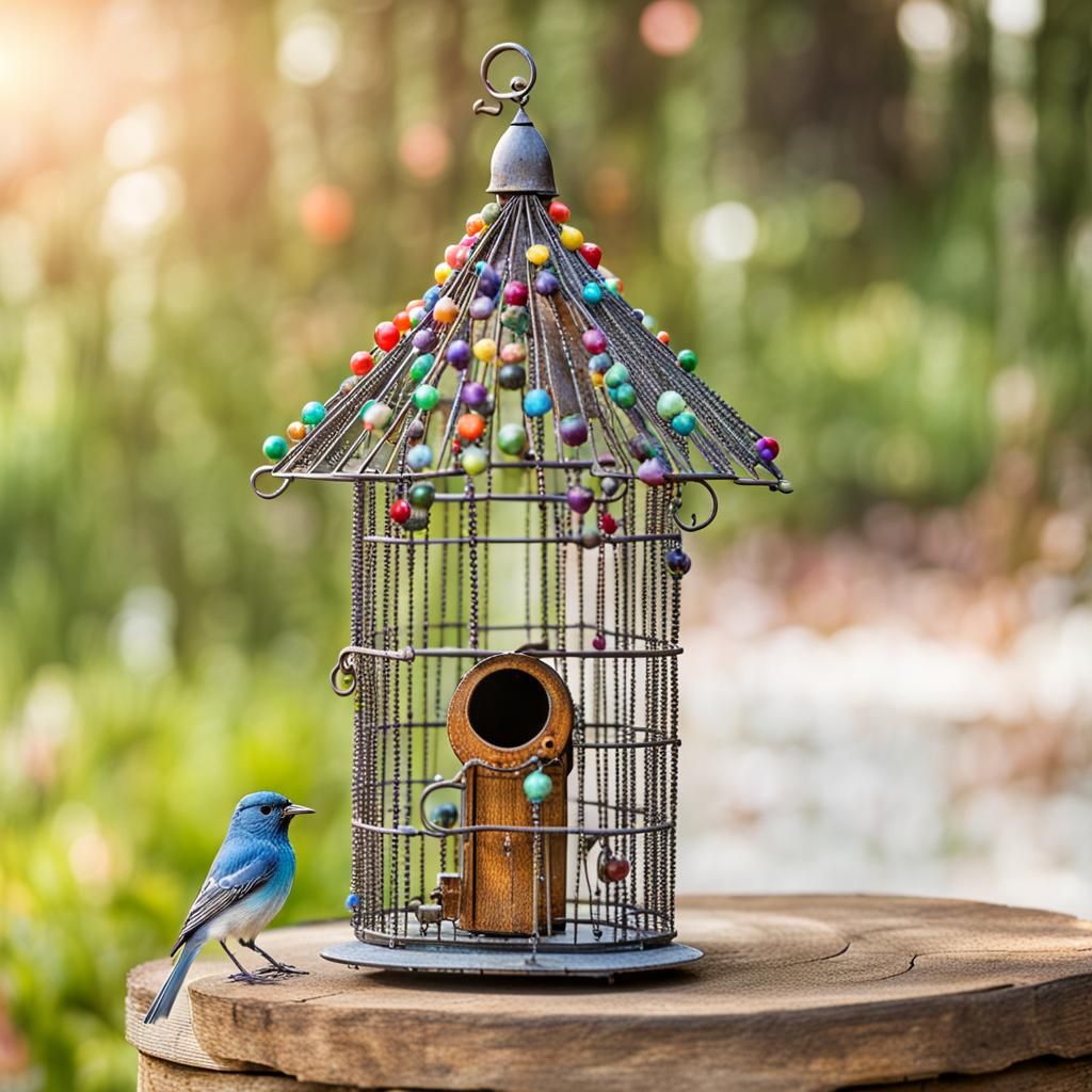 Vintage Iron Birdhouse with Beads, Professional Photo