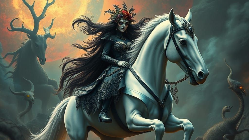 Mystical Lady Rides Pale Horse in Surreal Realm