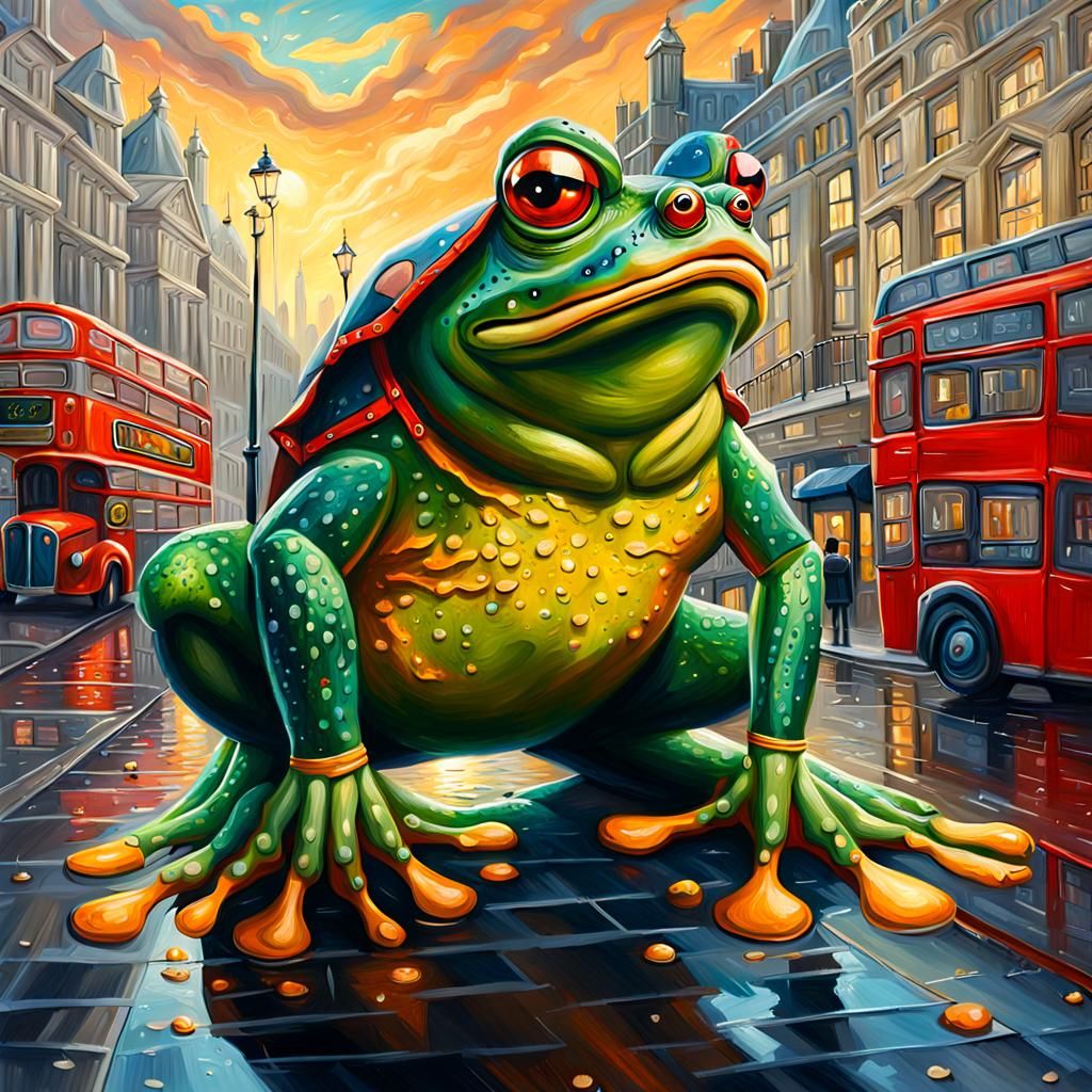 Giant Frog Terrorizes London: Fantasy Oil Painting