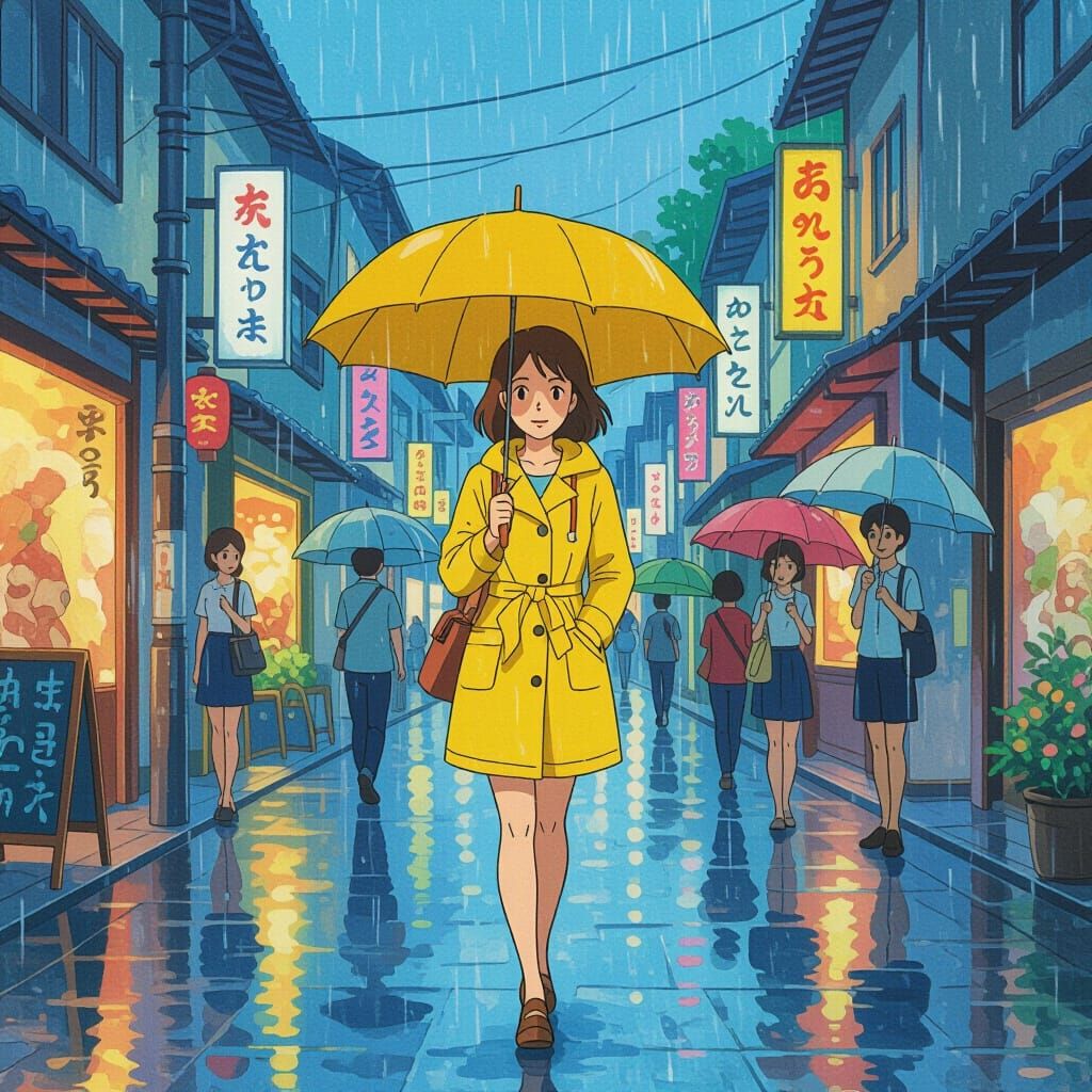 Rainy Street Scene in Anime Style