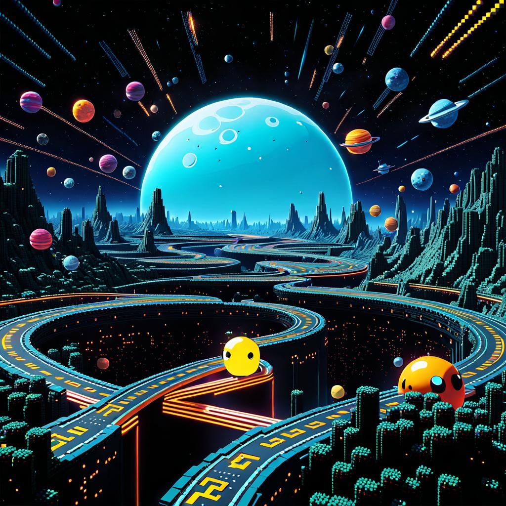 Pacman Eating Worlds in Space: 3D Pixel Art