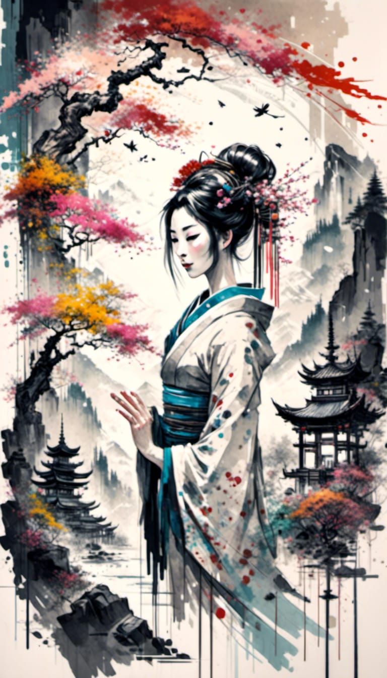 Geisha Portrait in Chinese Ink Painting Style