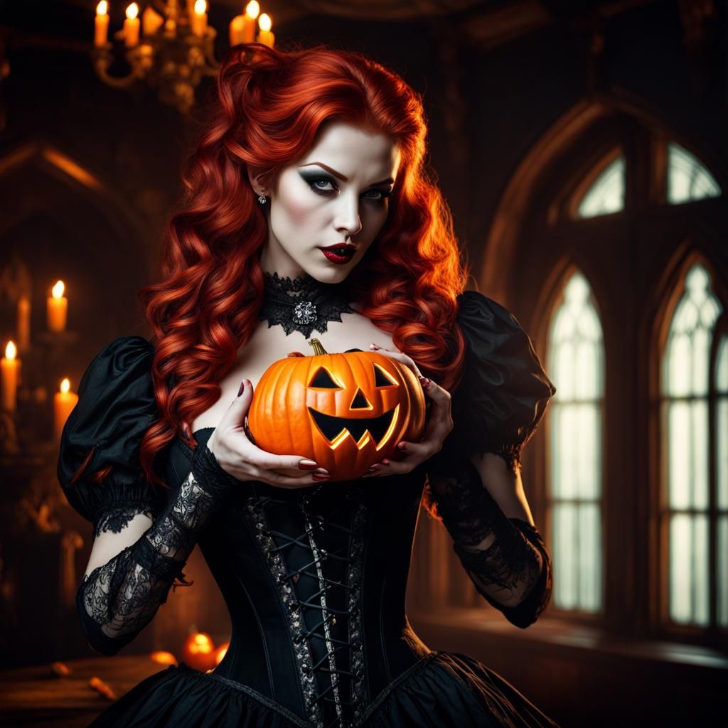Gothic Vampire with Jack-o'-Lantern in Haunted House